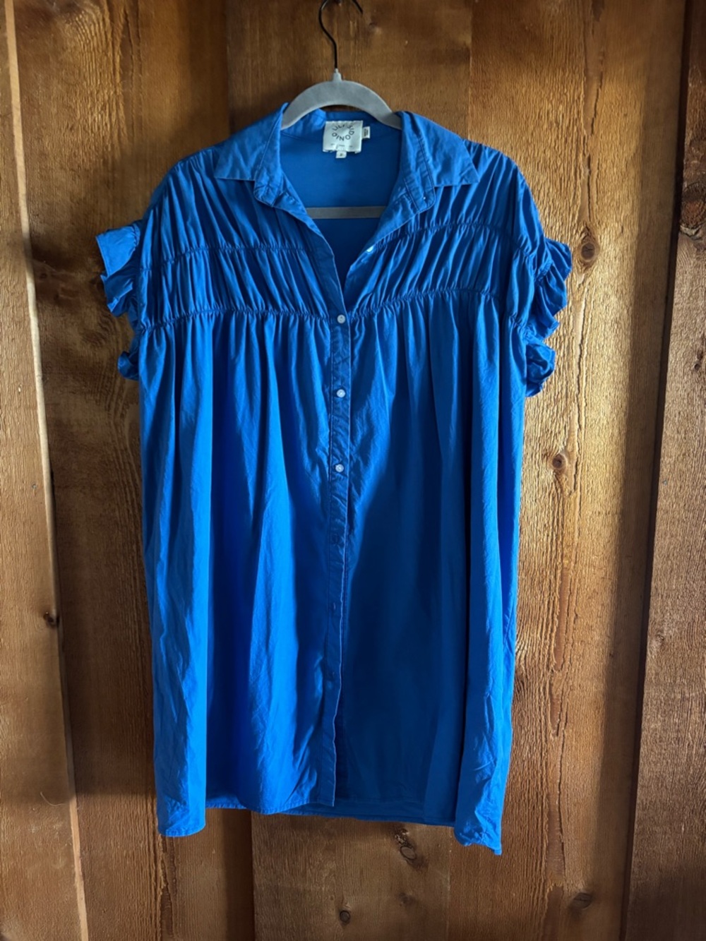 Lili Sidonio Royal Blue Cotton Smocked Ruffle Sleeve Shirt Dress Small